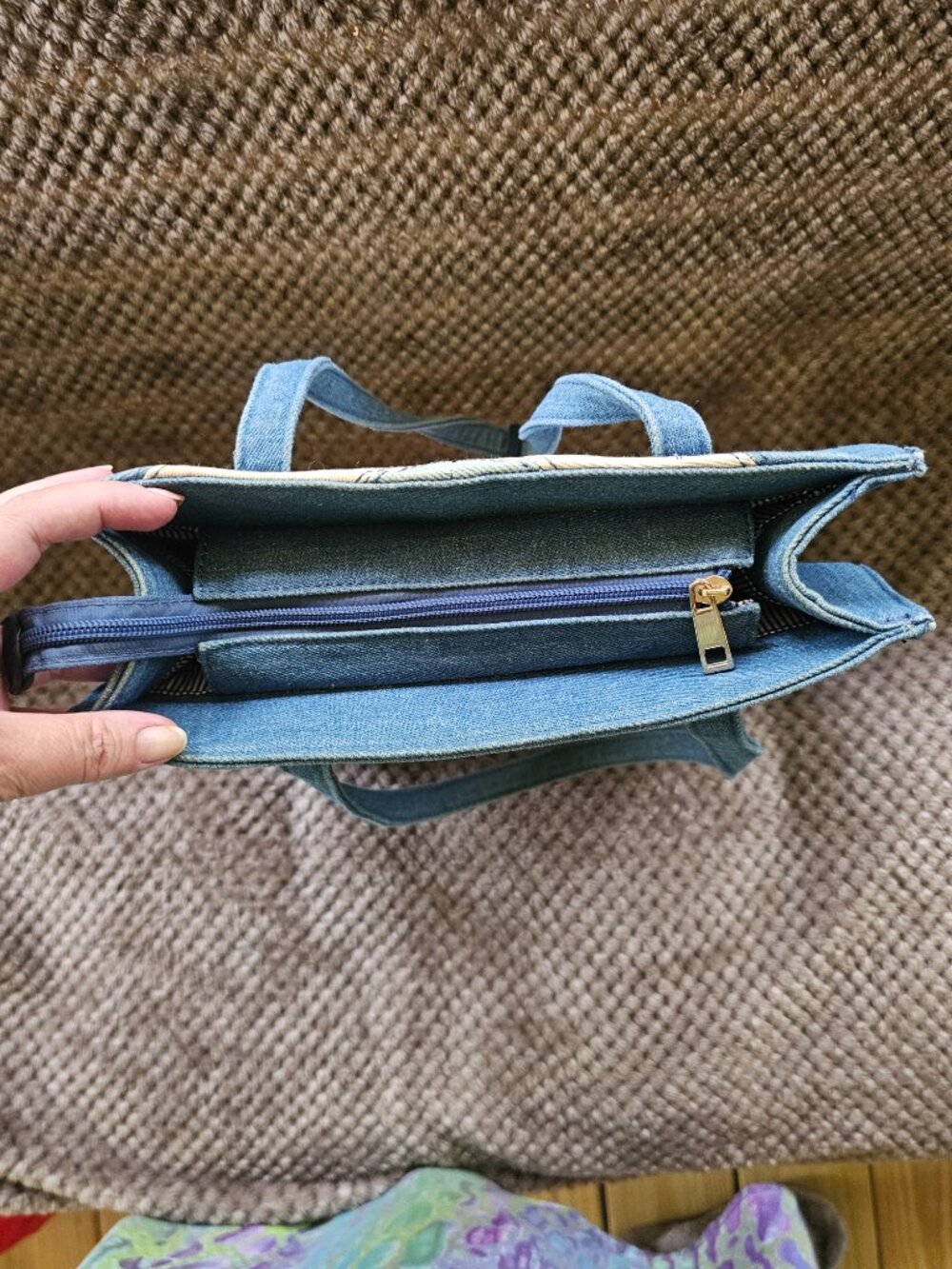 Y2K Denim Patchwork Chevron Tote Shoulder Bag Blue Boho Tassel Multi Pocket EUC - Picture 4 of 5